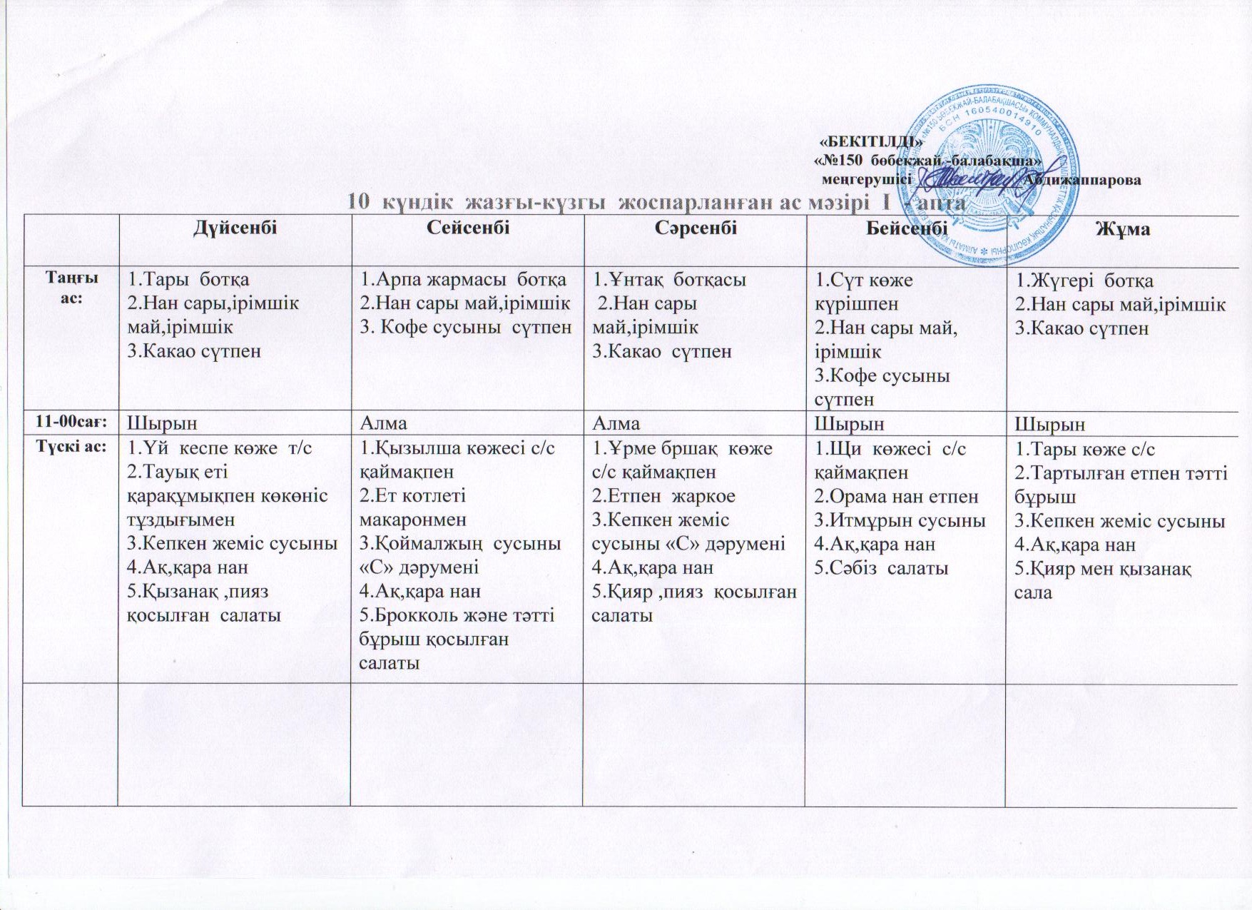 10 күндік жаз-күз айларына жоспарланған ас мәзірі І,ІІ апта