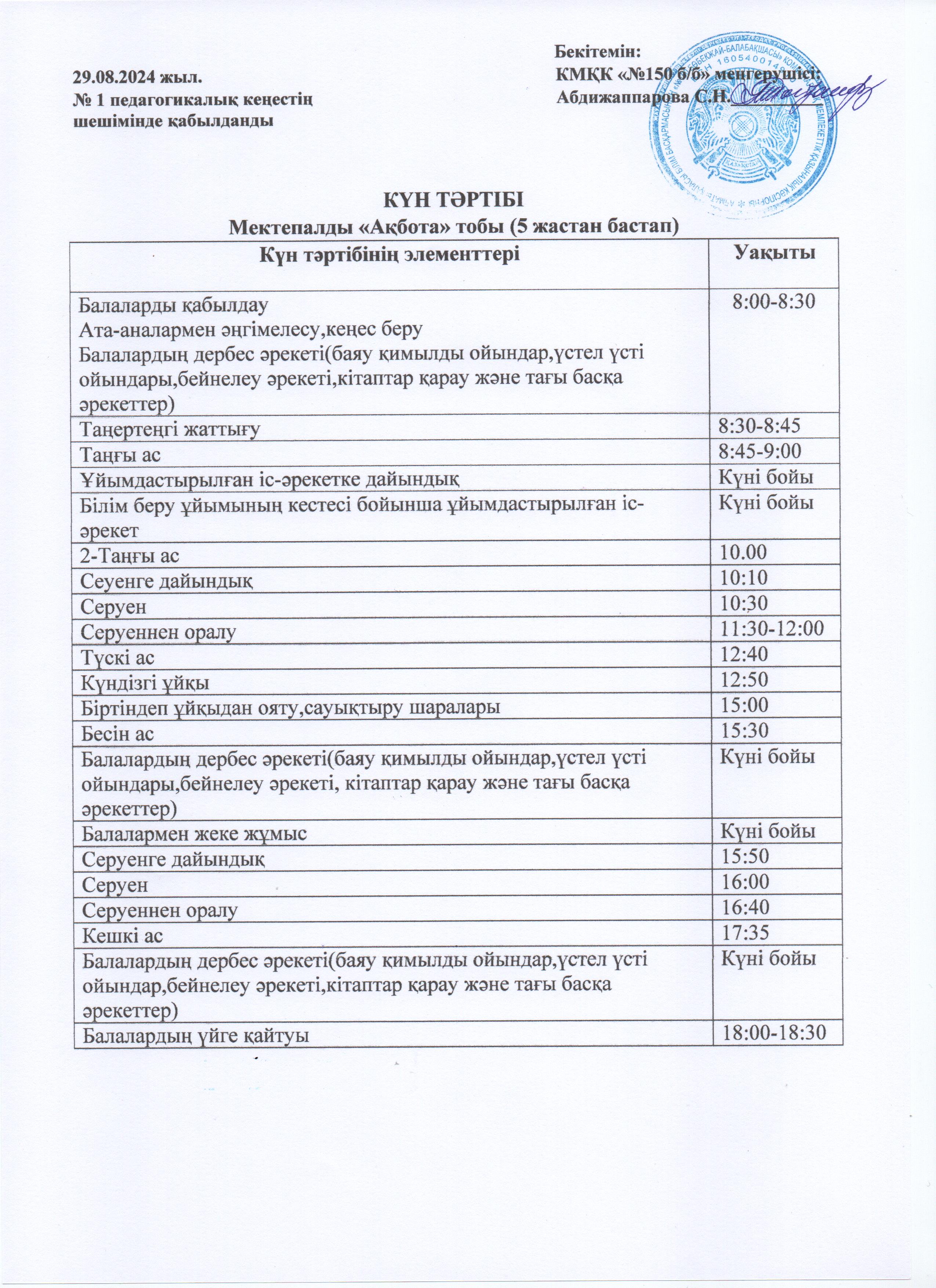 Мектепалды "Ақбота" тобы; Күн тәртібі 2024-2025 оқу жылы