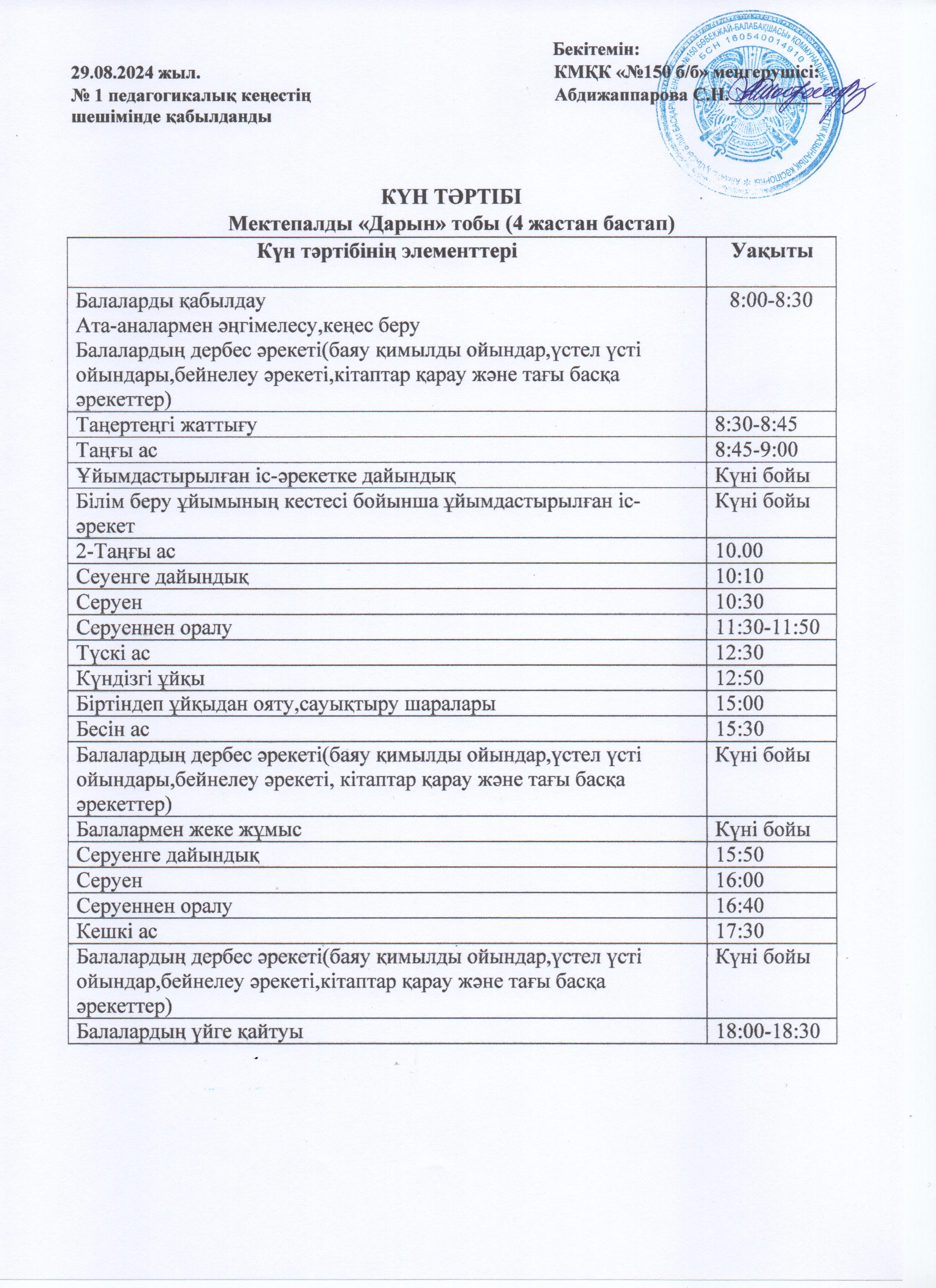 Мектепалды "Дарын" тобы; Күн тәртібі 2024-2025 оқу жылы